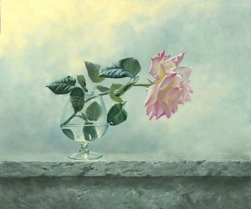 Floral Oil Painting - Pink Rose in Glass Vase Wall Art - Oil Painting Haven