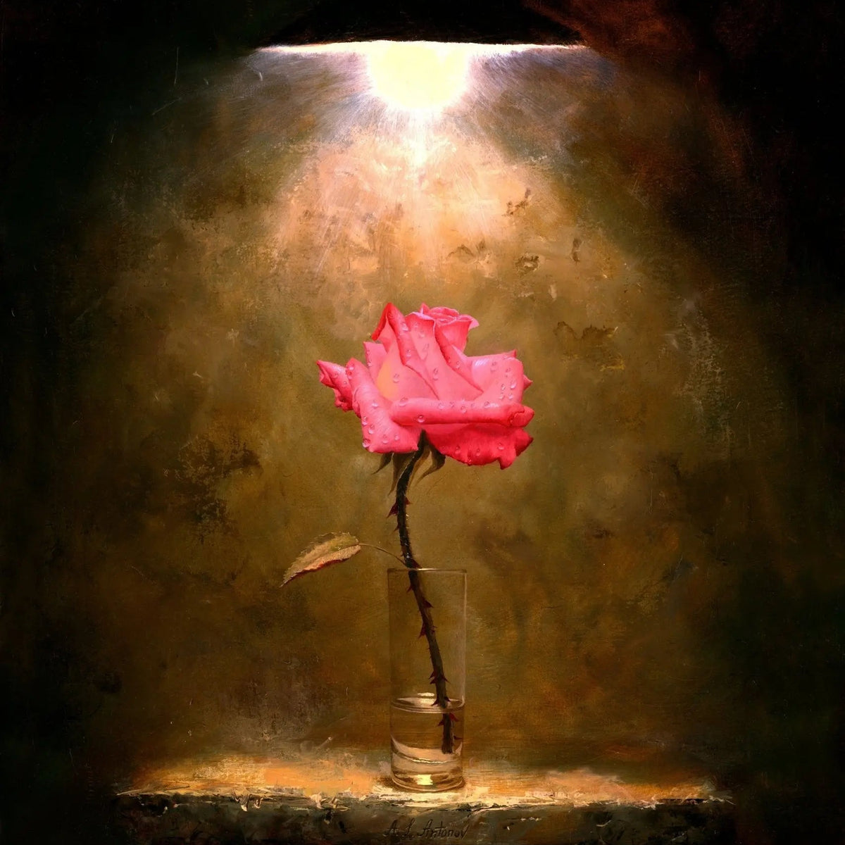 Floral Oil Painting - Pink Rose in Glass Vase with Light - Oil Painting Haven