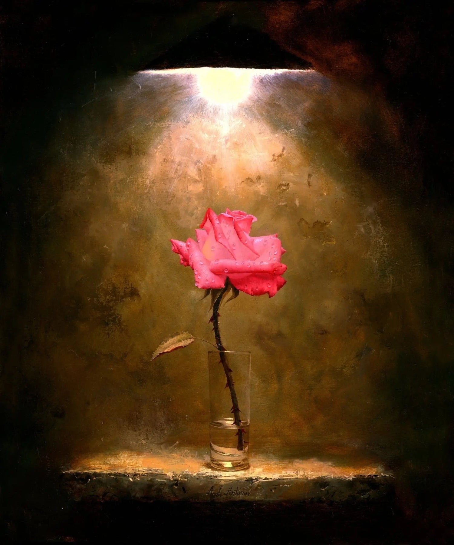 Floral Oil Painting - Pink Rose in Glass Vase with Light - Oil Painting Haven