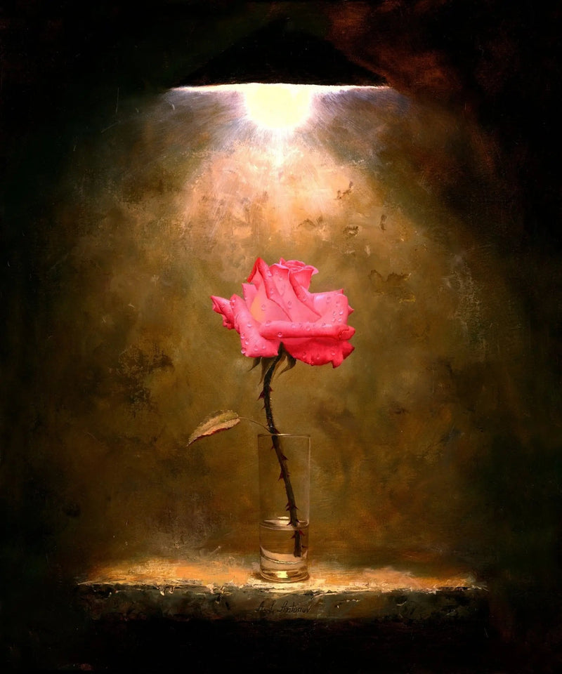 Floral Oil Painting - Pink Rose in Glass Vase with Light - Oil Painting Haven