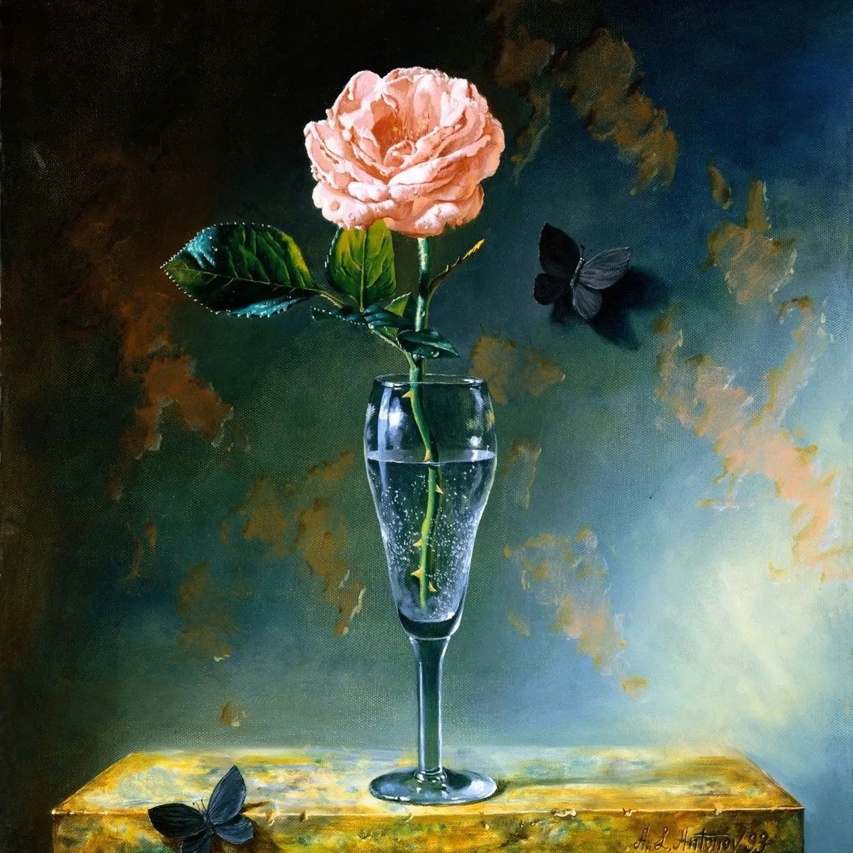 Floral Oil Painting - Pink Rose in Glass with Butterflies - Oil Painting Haven