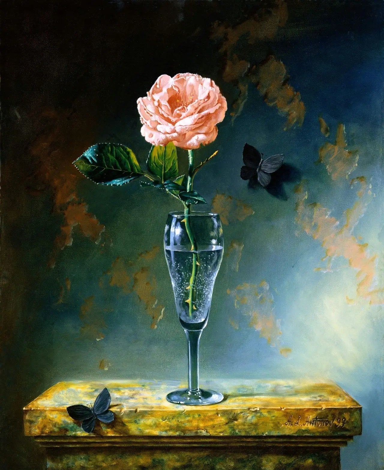 Floral Oil Painting - Pink Rose in Glass with Butterflies - Oil Painting Haven