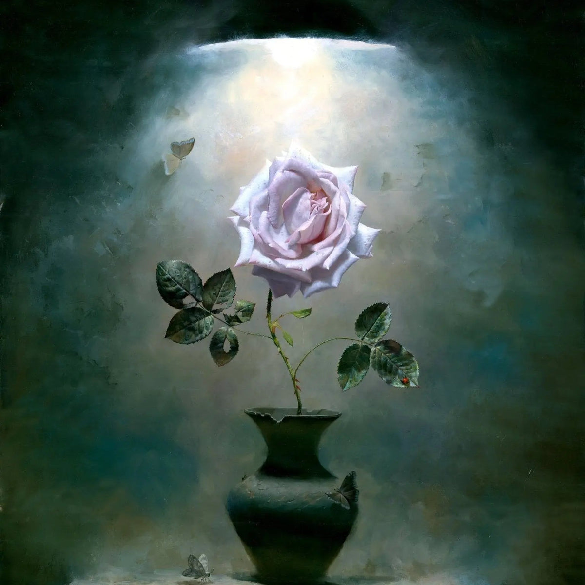 Floral Oil Painting - Pink Rose in Vase with Butterflies - Oil Painting Haven