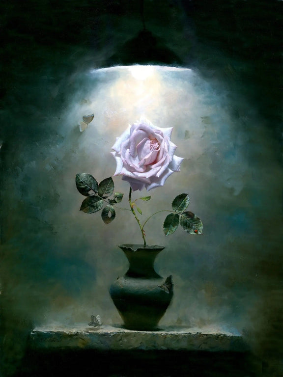 Floral Oil Painting - Pink Rose in Vase with Butterflies - Oil Painting Haven