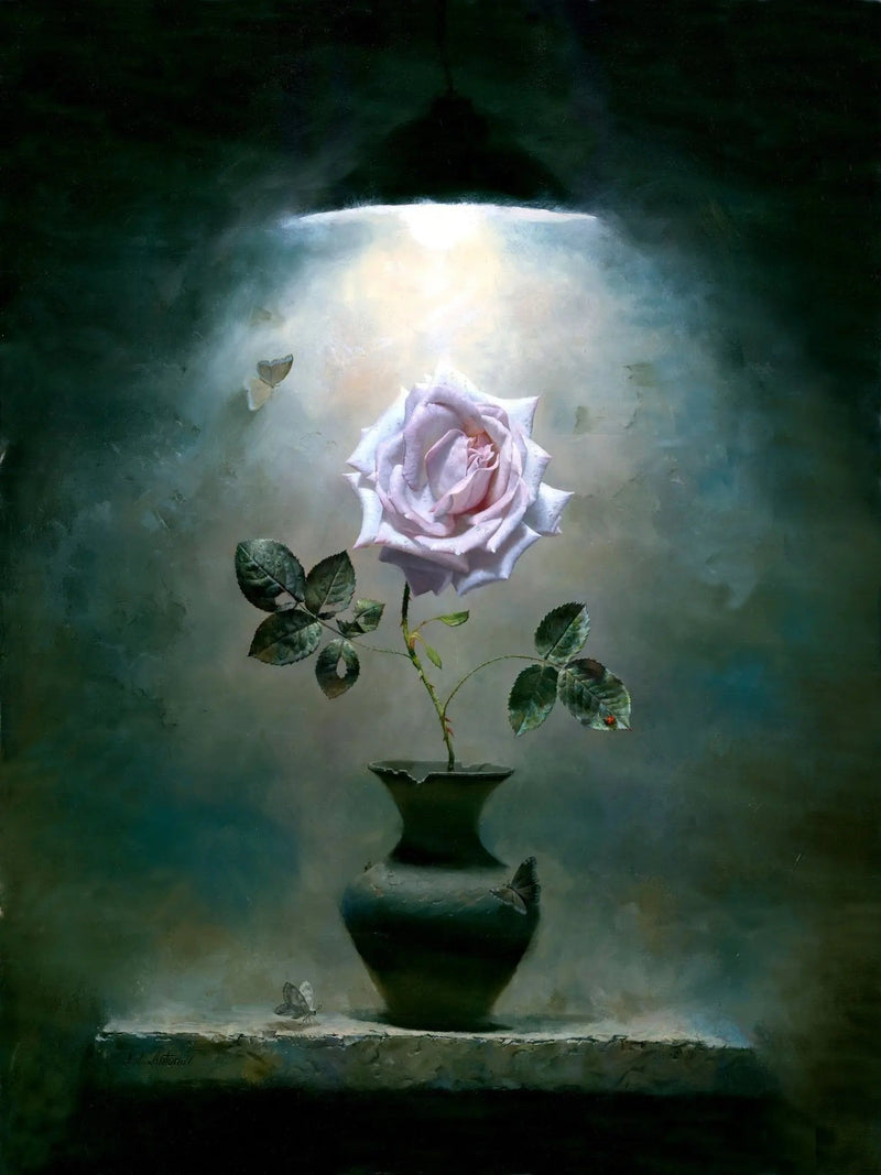 Floral Oil Painting - Pink Rose in Vase with Butterflies - Oil Painting Haven