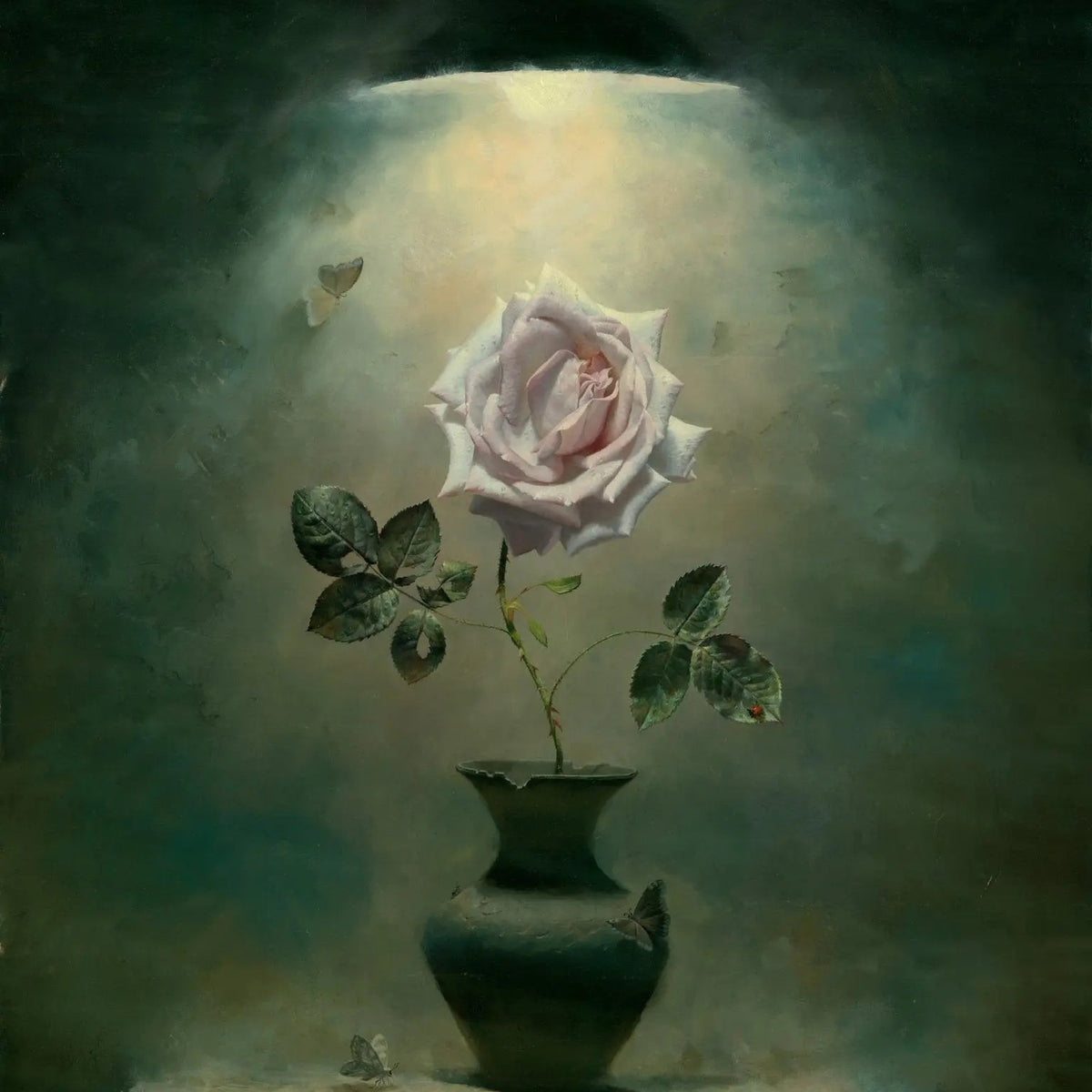 Floral Oil Painting - Pink Rose in Vase with Butterflies Wall Art - Oil Painting Haven