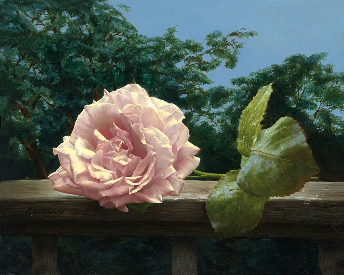 Floral Oil Painting - Pink Rose on Wooden Railing - Oil Painting Haven