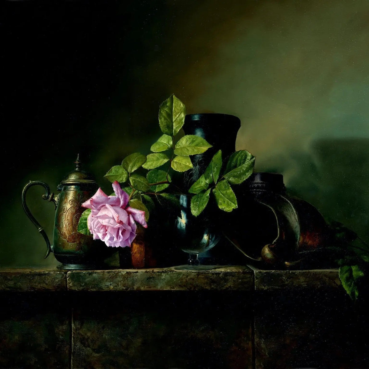 Floral Oil Painting - Pink Rose with Antique Vessels - Oil Painting Haven