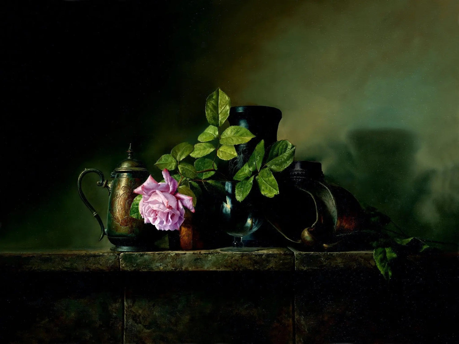 Floral Oil Painting - Pink Rose with Antique Vessels - Oil Painting Haven