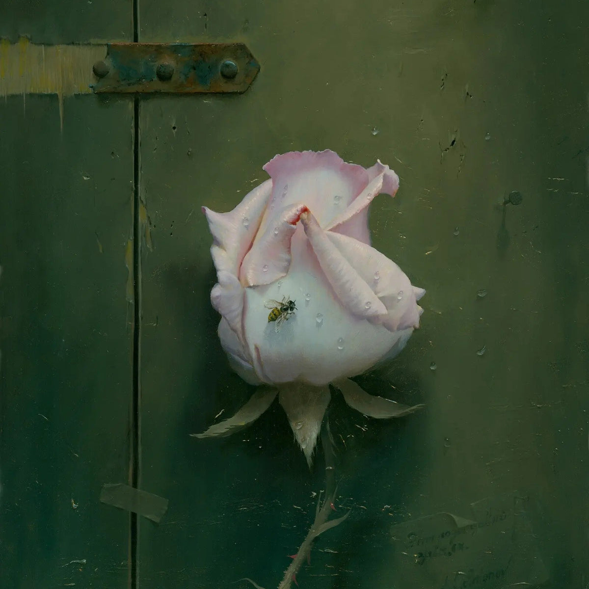 Floral Oil Painting - Pink Rose with Insect on Green Background - Oil Painting Haven