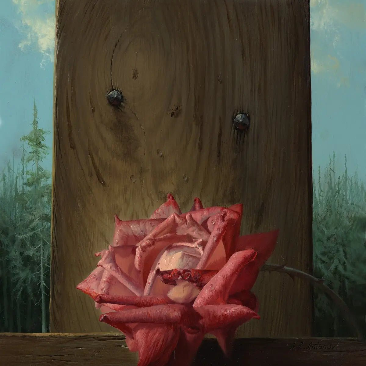 Floral Oil Painting - Pink Rose with Wooden Background - Oil Painting Haven