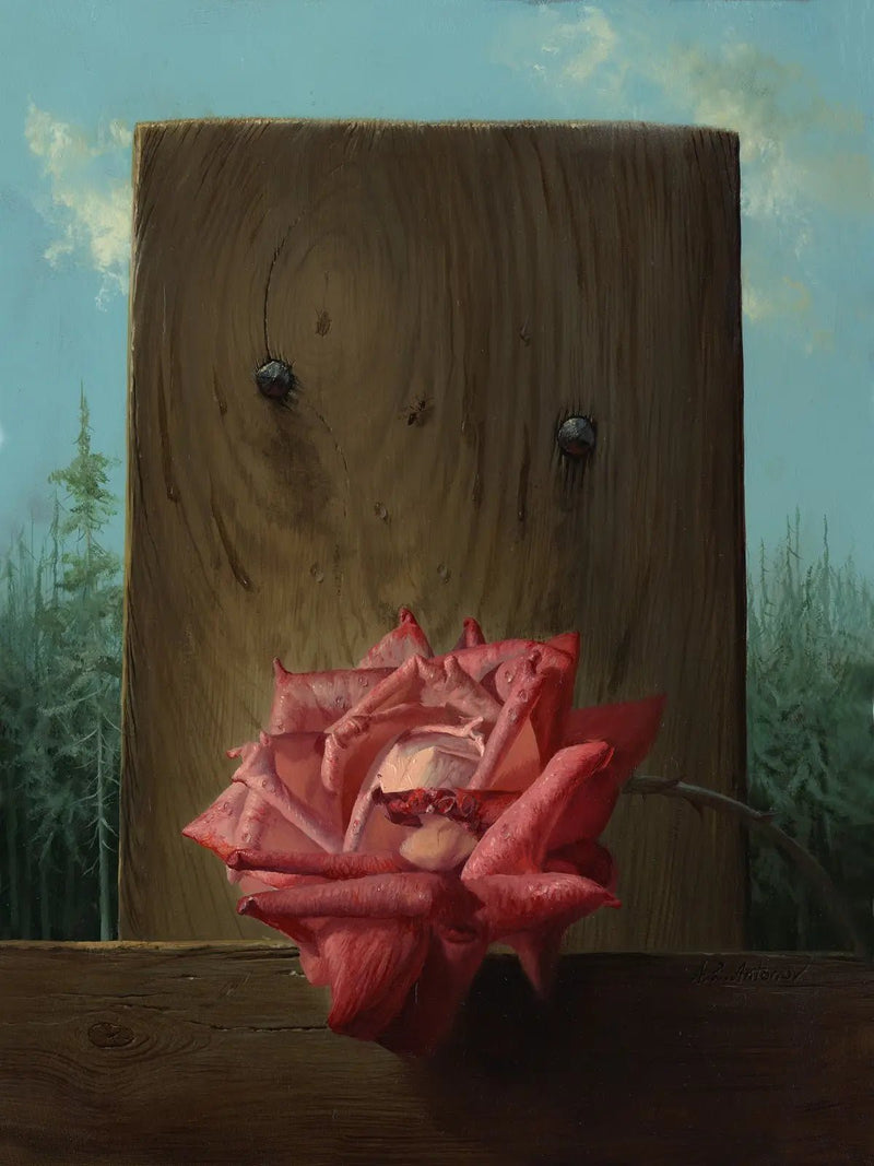 Floral Oil Painting - Pink Rose with Wooden Background - Oil Painting Haven