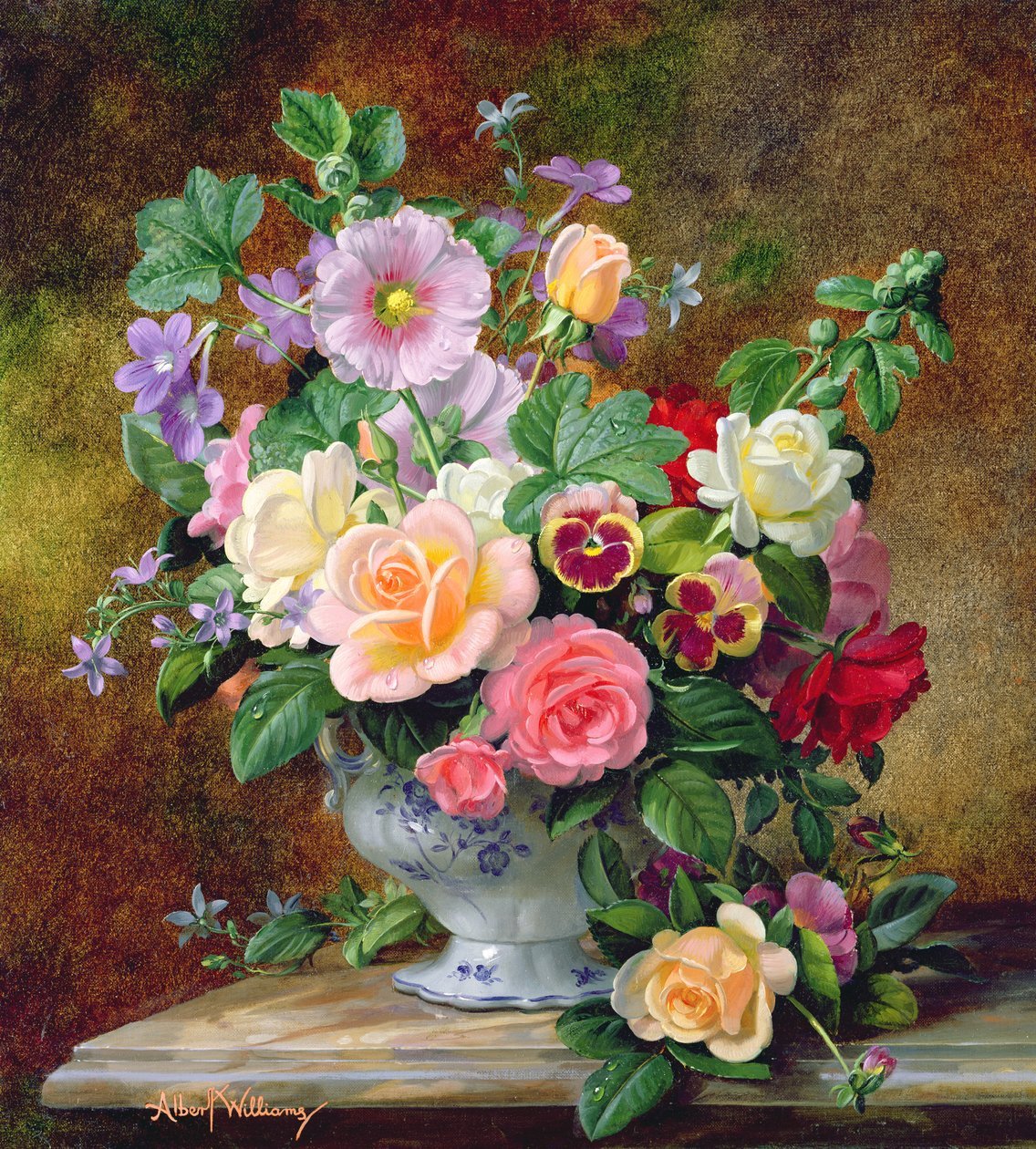 Floral Oil Painting - Pink Roses and Pansies in Porcelain Vase