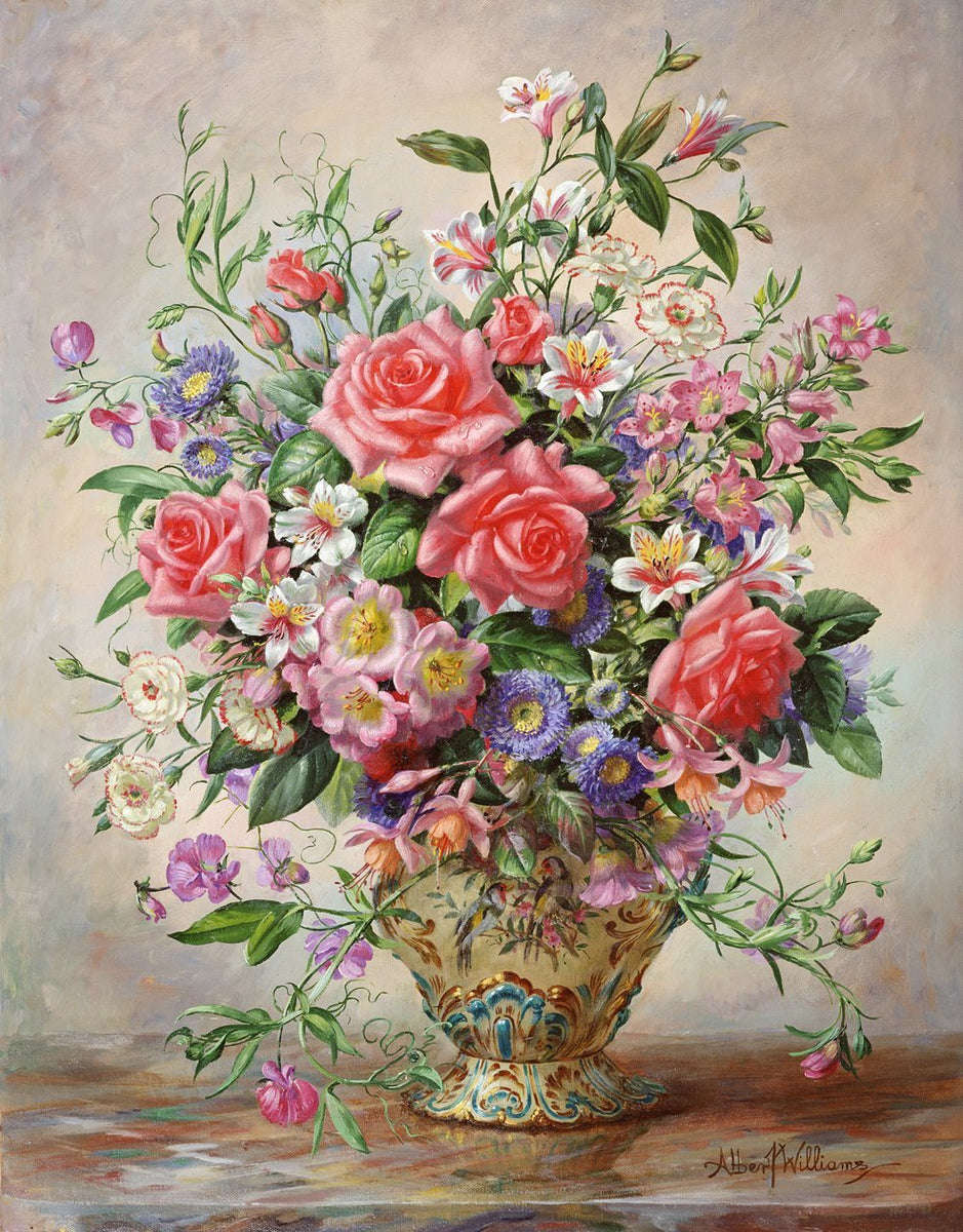 Floral Oil Painting - Pink Roses and Wildflowers in Ornate Vase