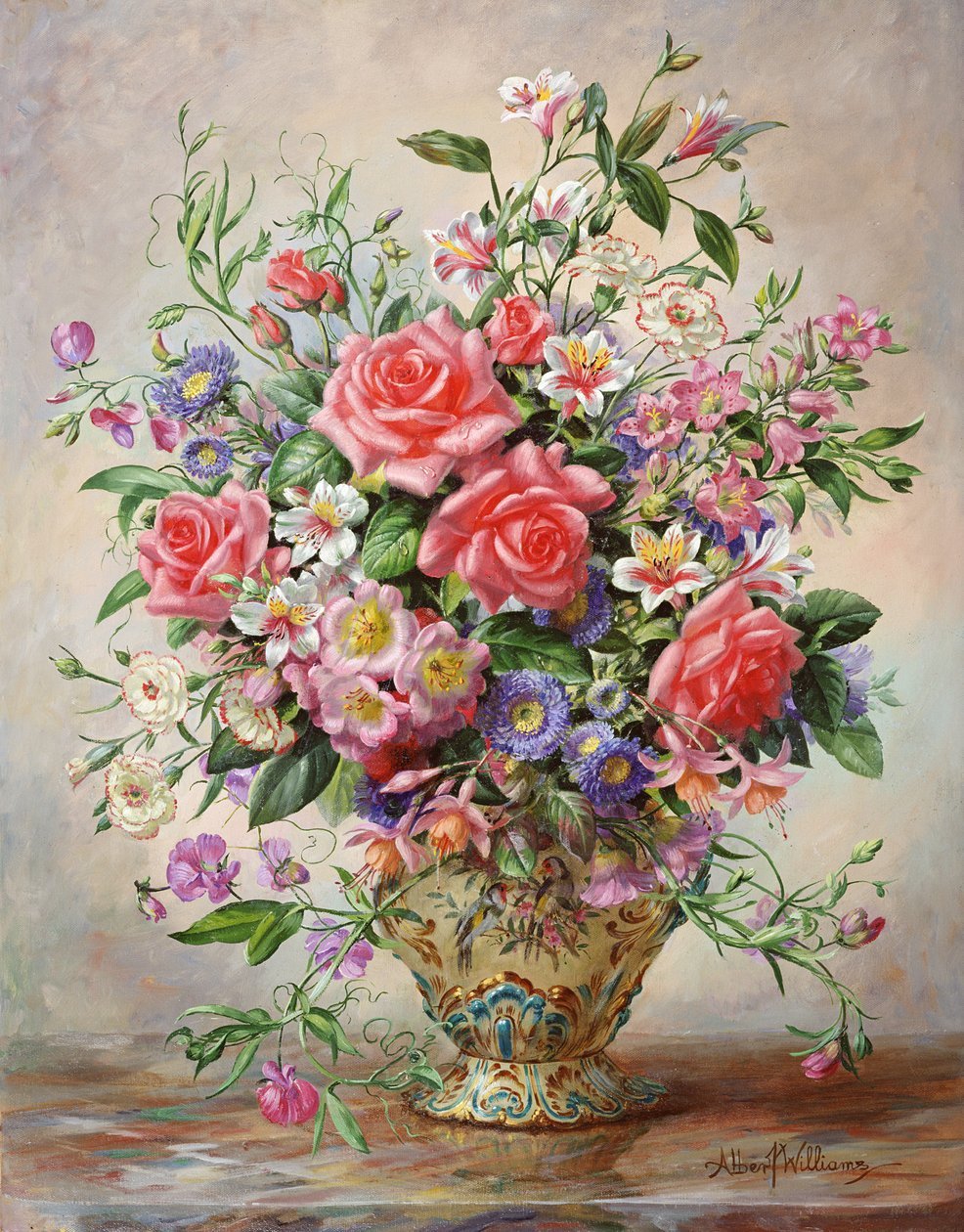 Floral Oil Painting - Pink Roses and Wildflowers in Ornate Vase