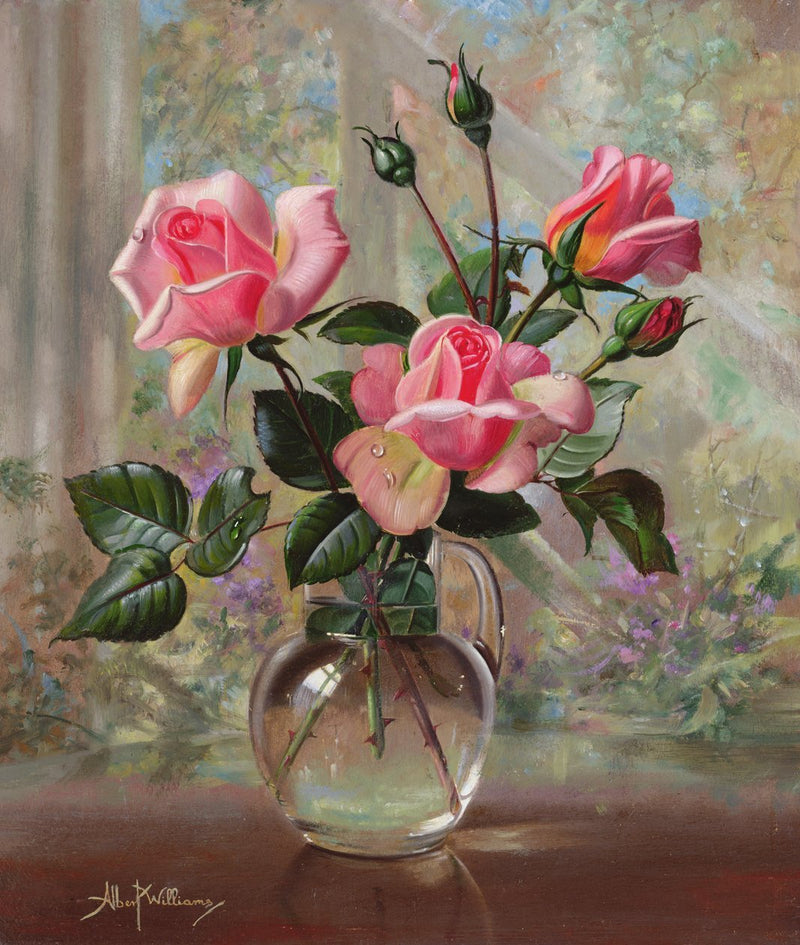 Floral Oil Painting - Pink Roses in Clear Glass Vase