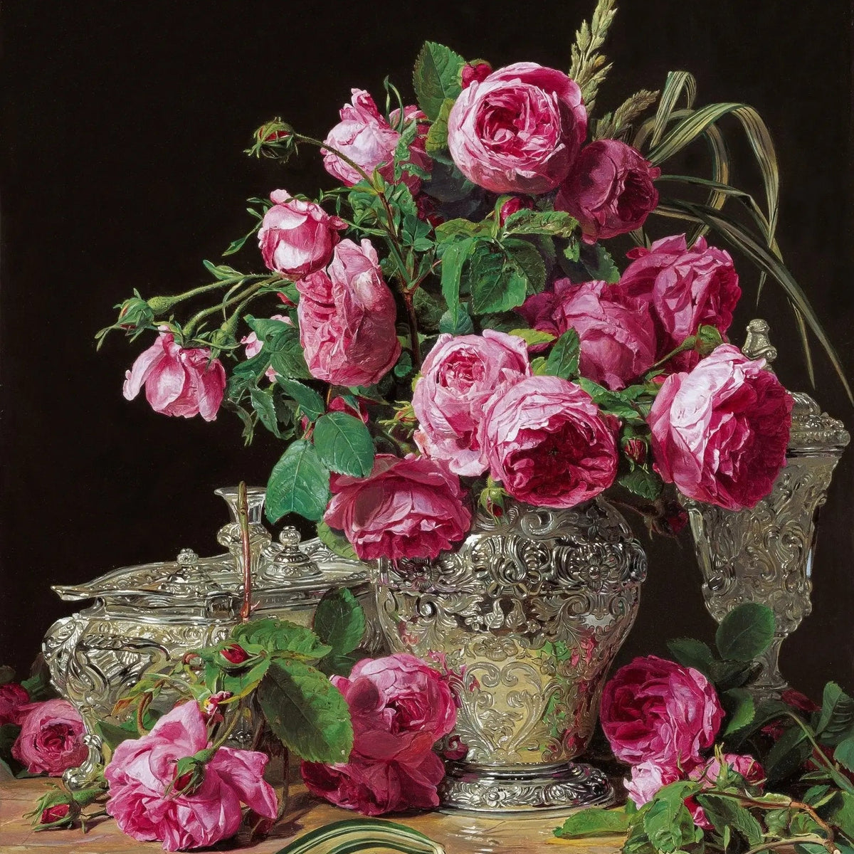 Floral Oil Painting - Pink Roses in Ornate Silver Vase - Oil Painting Haven