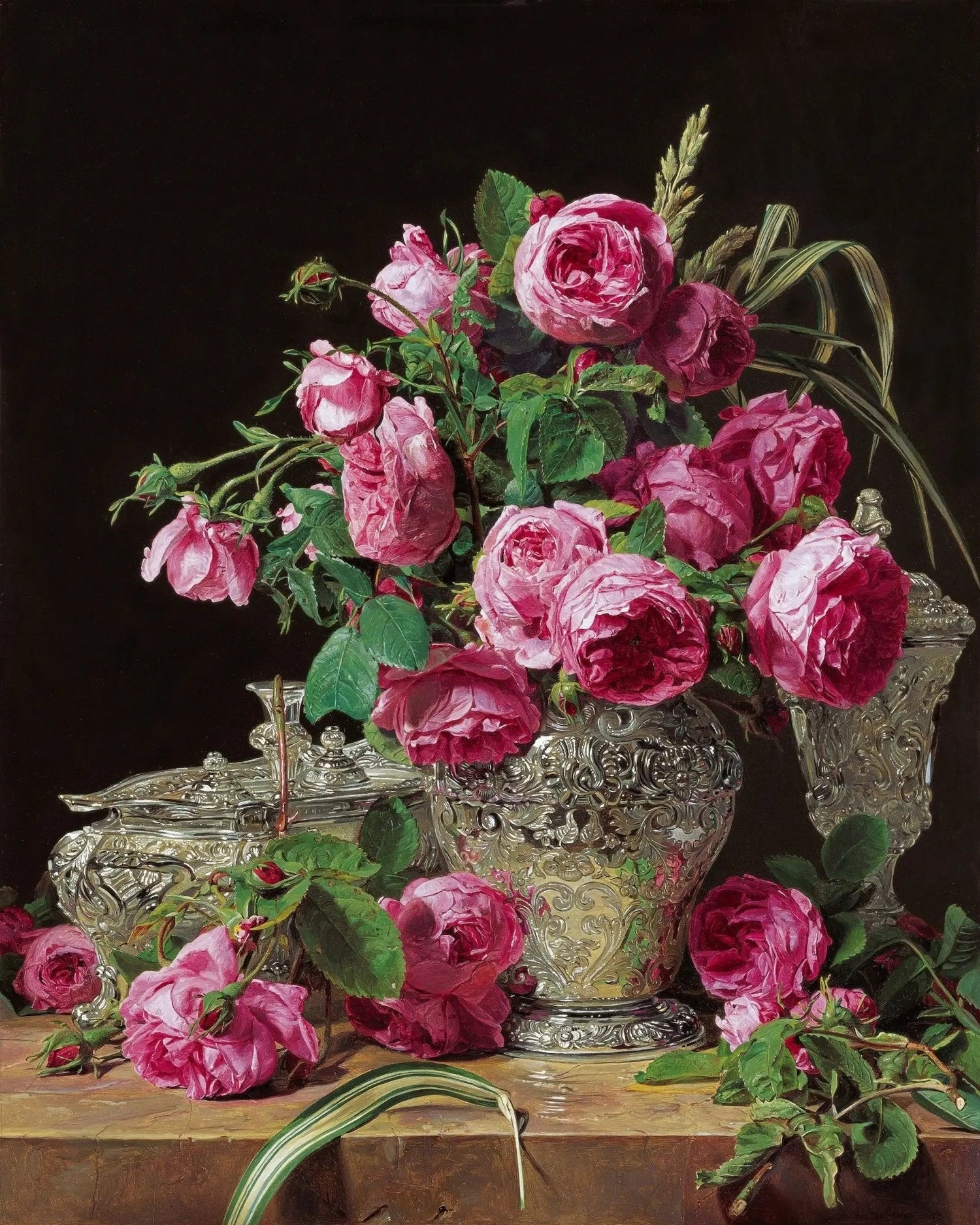 Floral Oil Painting - Pink Roses in Ornate Silver Vase - Oil Painting Haven