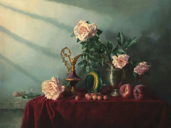 Floral Oil Painting - Pink Roses with Fruits and Vessels - Oil Painting Haven