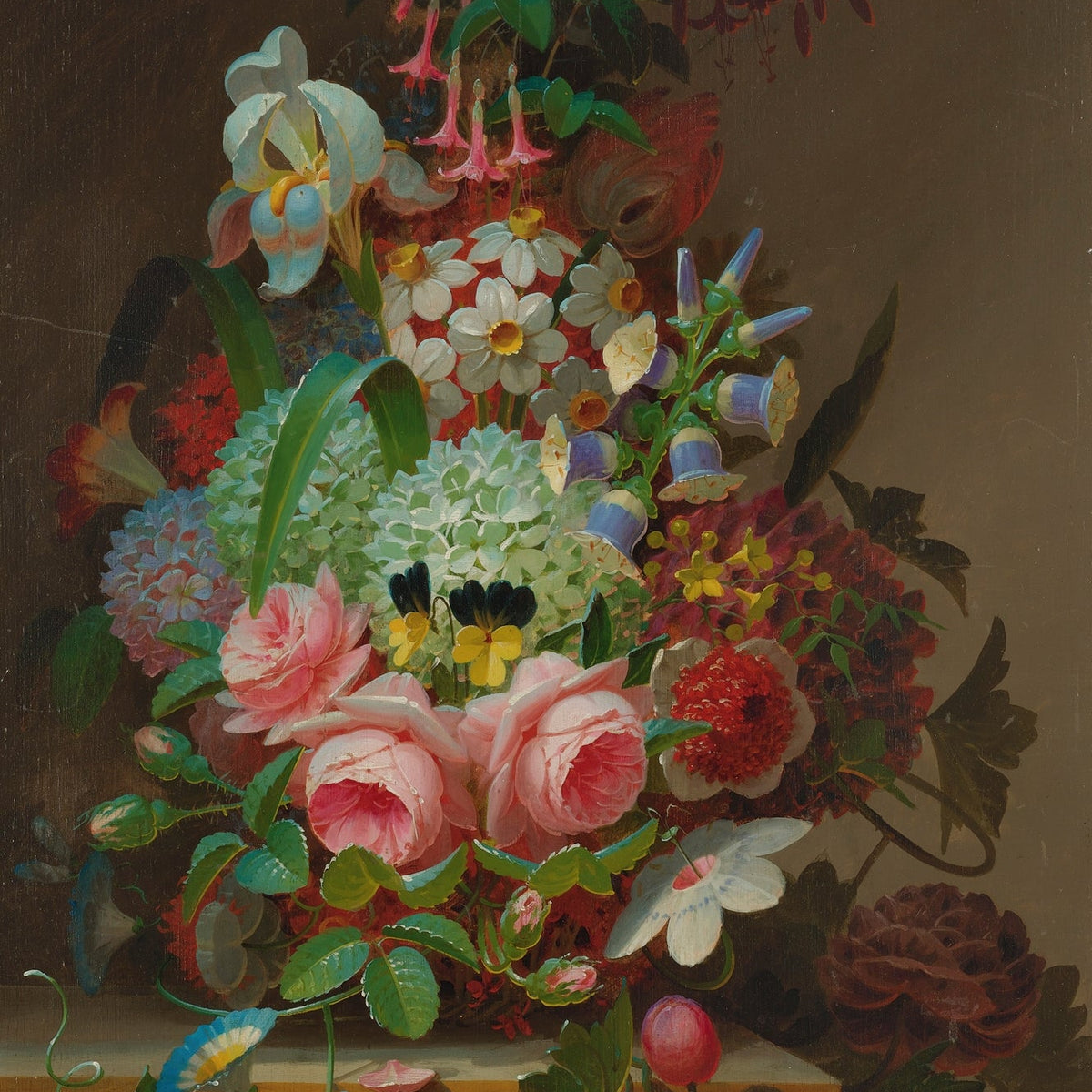 Floral Oil Painting - Pink Roses with Hydrangea and Bellflowers