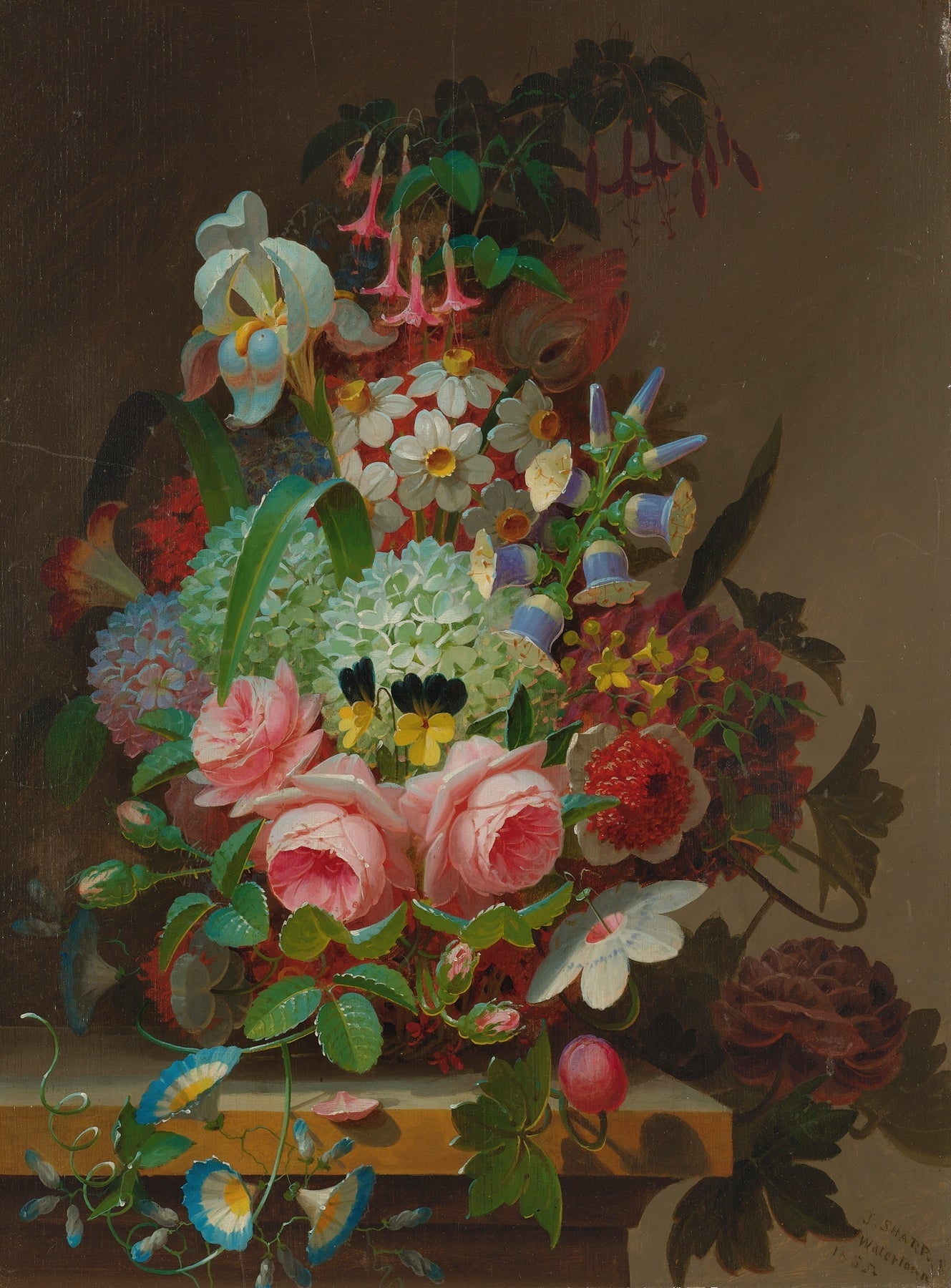 Floral Oil Painting - Pink Roses with Hydrangea and Bellflowers