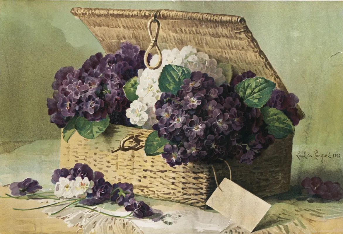 Floral Oil Painting - Purple and White Violets in a Wicker Box