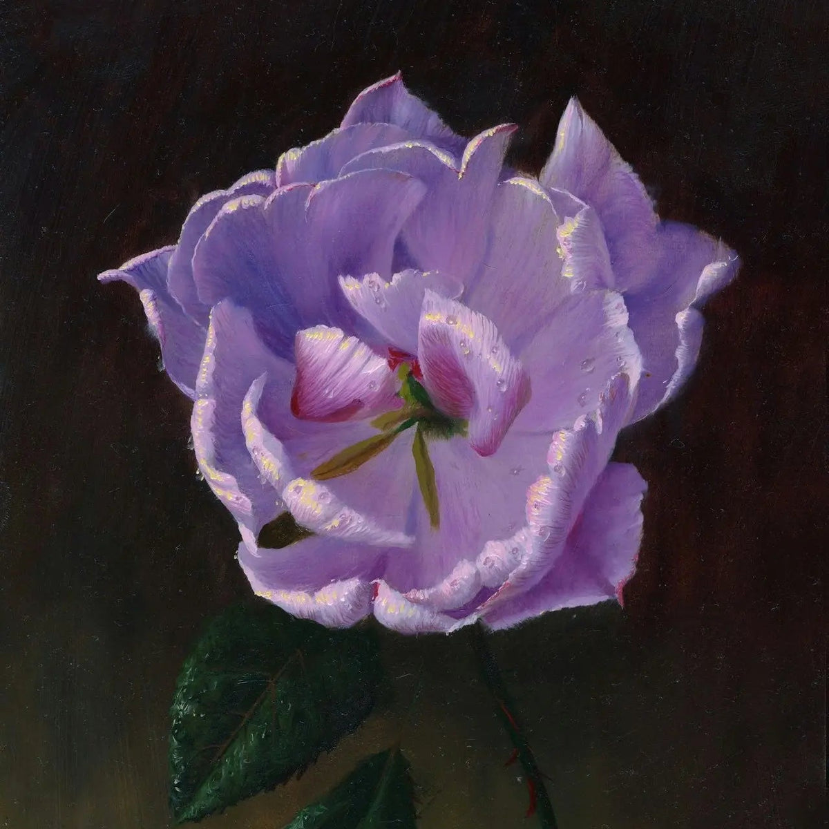 Floral Oil Painting - Purple Rose with Dew Drops - Oil Painting Haven