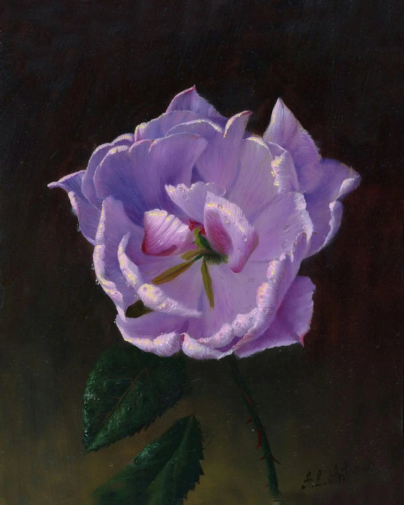 Floral Oil Painting - Purple Rose with Dew Drops - Oil Painting Haven