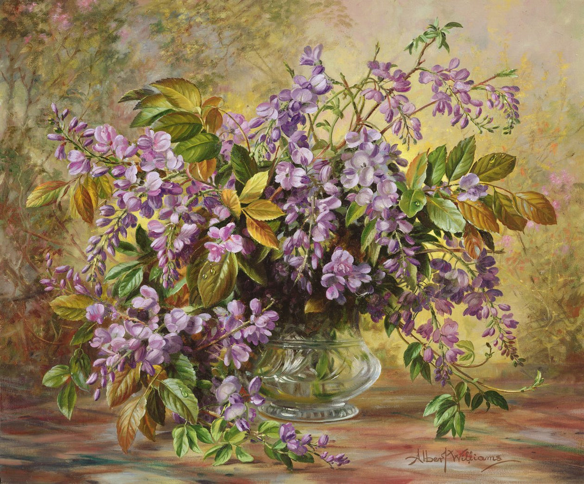 Floral Oil Painting - Purple Wisteria Bouquet in Glass Vase