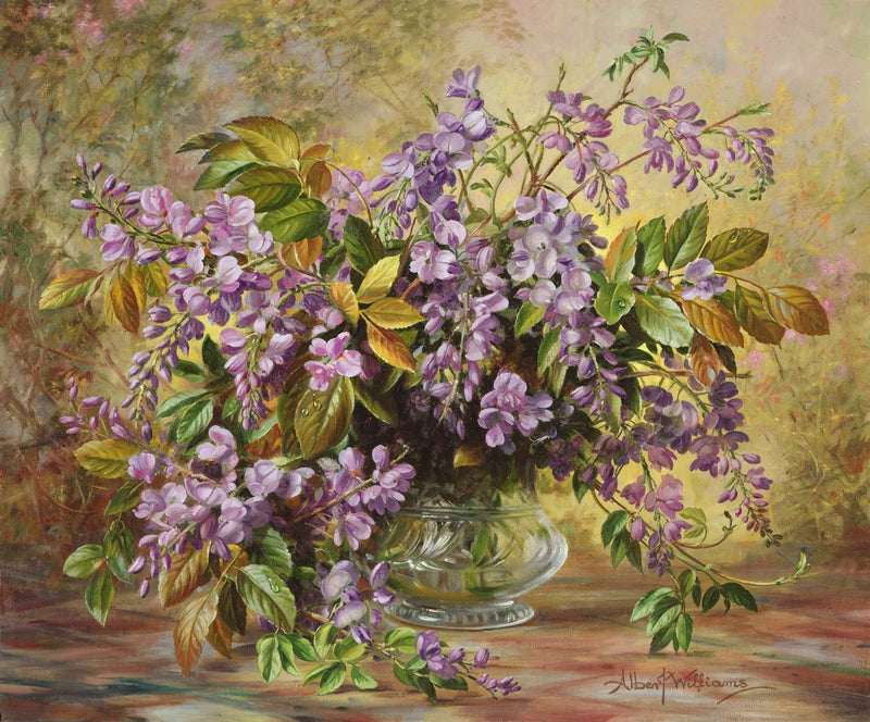 Floral Oil Painting - Purple Wisteria Bouquet in Glass Vase