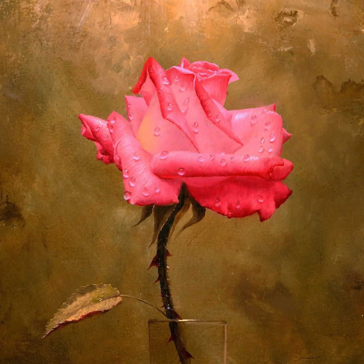 Floral Oil Painting - Realistic Pink Rose with Glistening Dew Drops Artwork - Oil Painting Haven