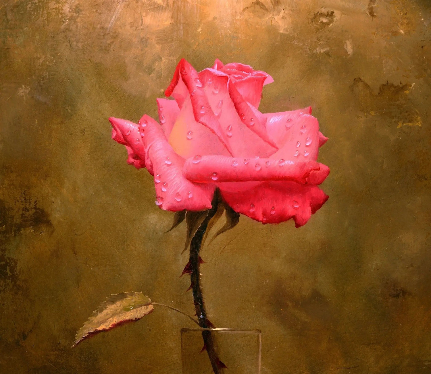 Floral Oil Painting - Realistic Pink Rose with Glistening Dew Drops Artwork - Oil Painting Haven