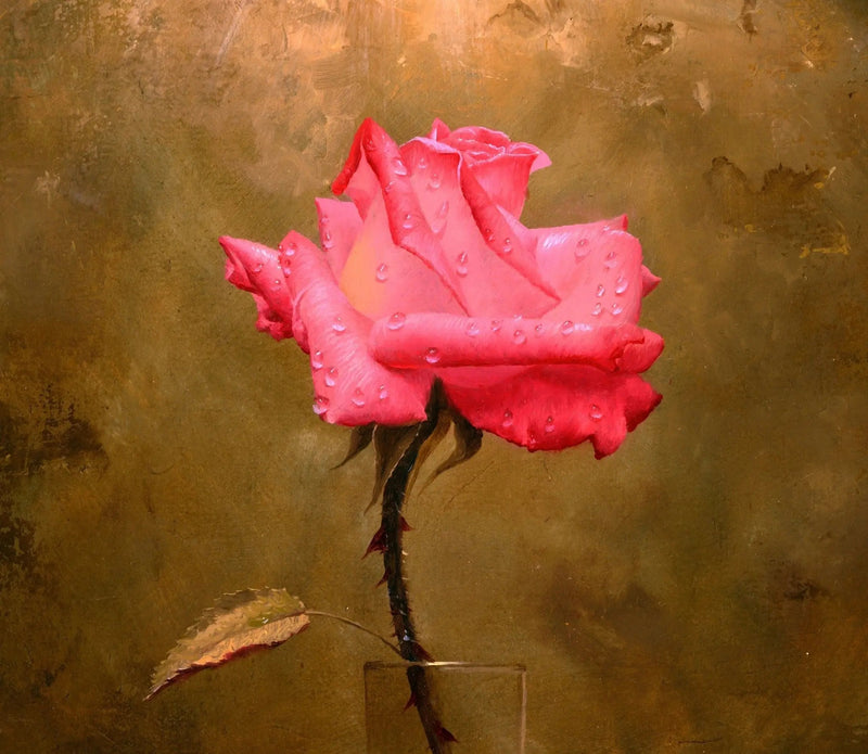 Floral Oil Painting - Realistic Pink Rose with Glistening Dew Drops Artwork - Oil Painting Haven