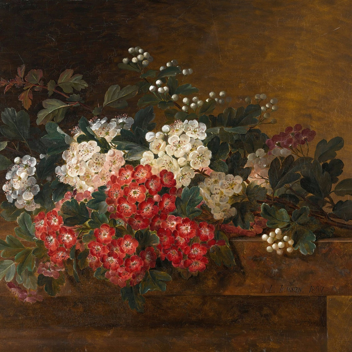 Floral Oil Painting - Red and White Blossoms Hand - Painted Art - Oil Painting Haven
