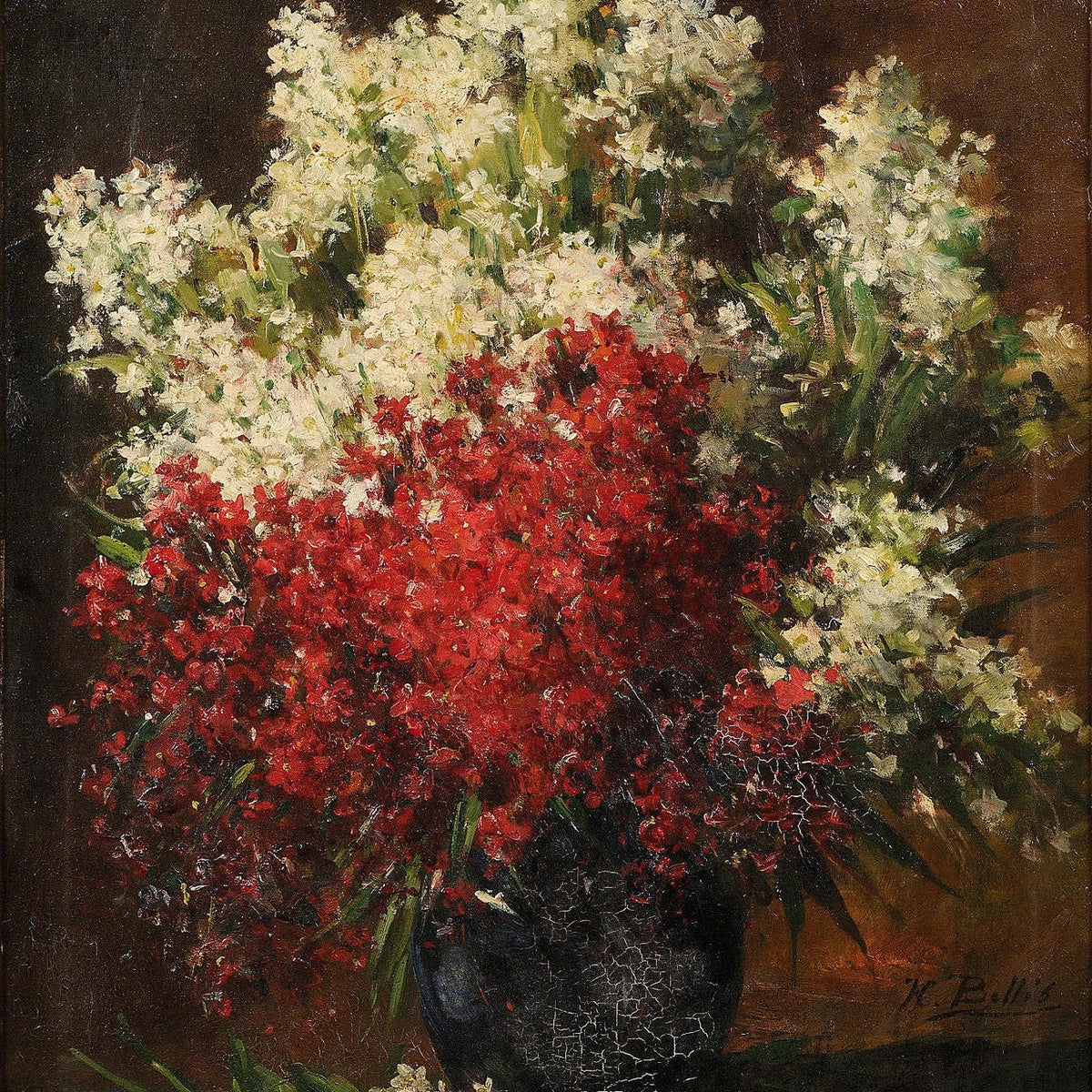 Floral Oil Painting - Red and White Flowers in Dark Vase Art - Oil Painting Haven