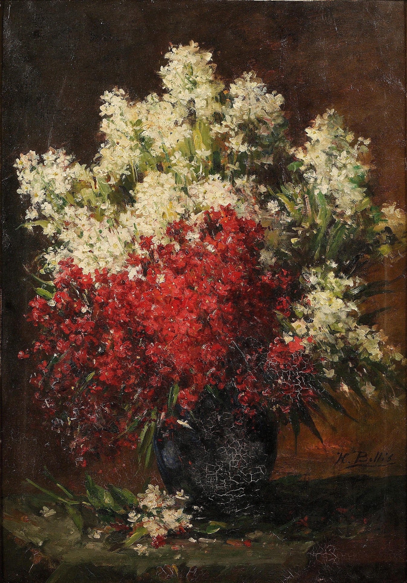 Floral Oil Painting - Red and White Flowers in Dark Vase Art - Oil Painting Haven