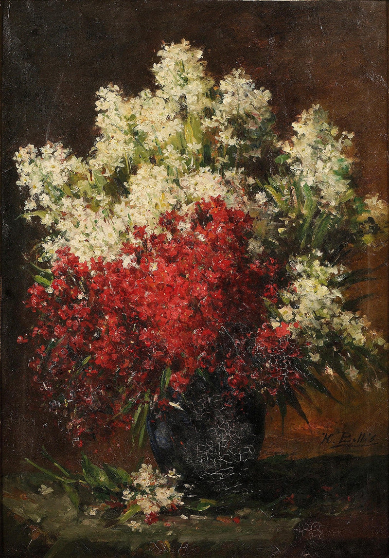 Floral Oil Painting - Red and White Flowers in Dark Vase Art - Oil Painting Haven