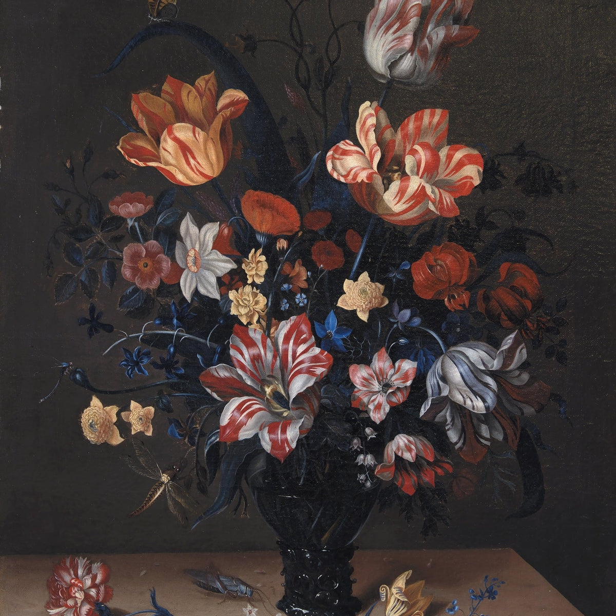 Floral Oil Painting - Red and White Tulips in Dark Vase - Oil Painting Haven