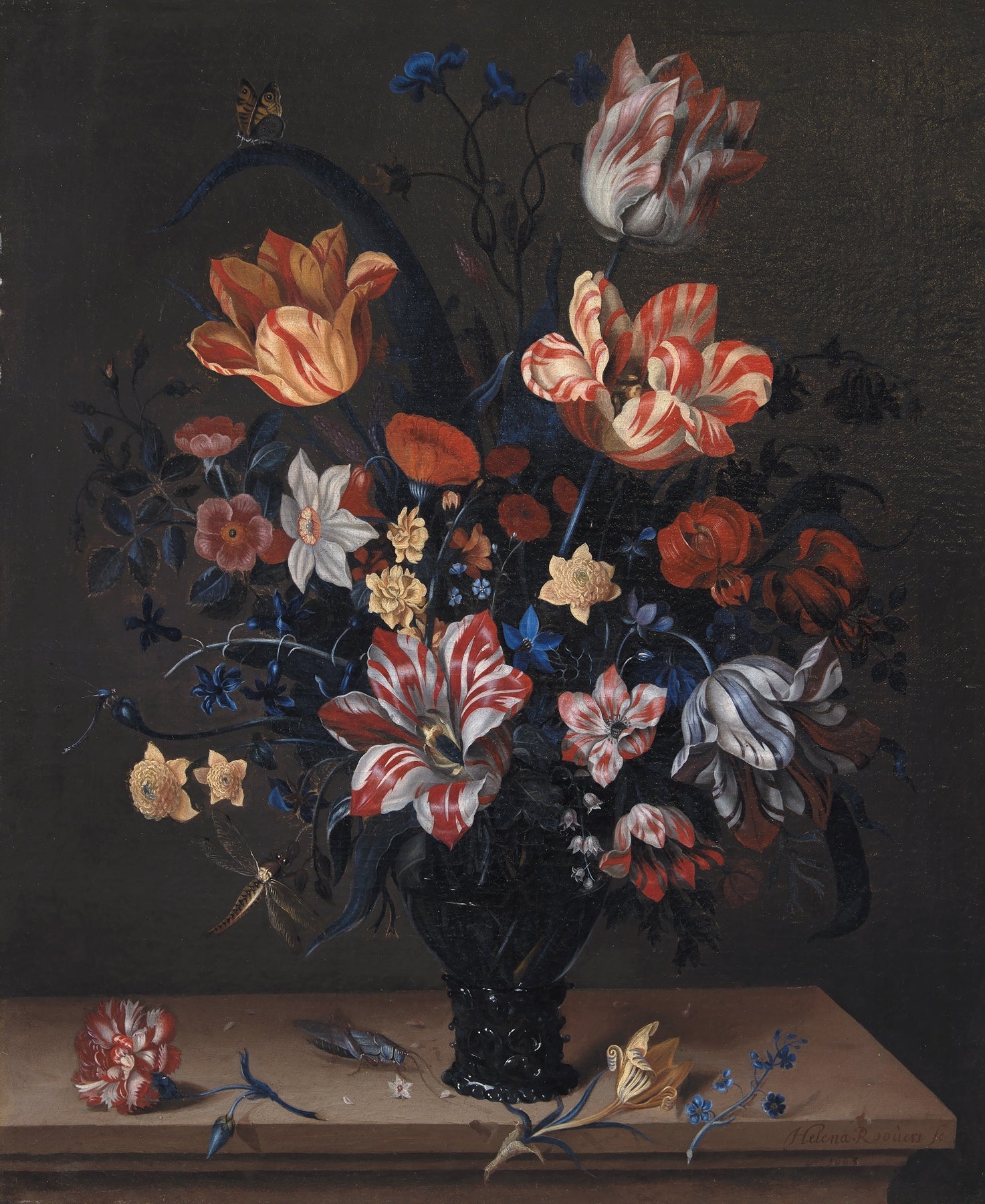 Floral Oil Painting - Red and White Tulips in Dark Vase - Oil Painting Haven