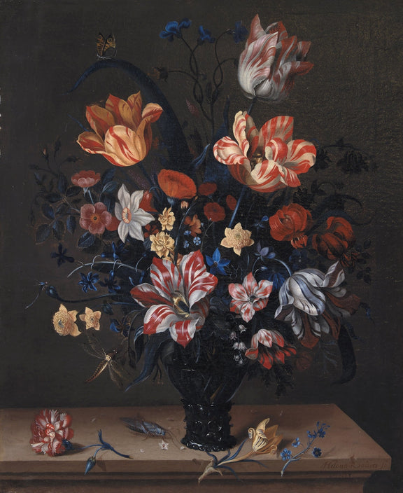 Floral Oil Painting - Red and White Tulips in Dark Vase - Oil Painting Haven