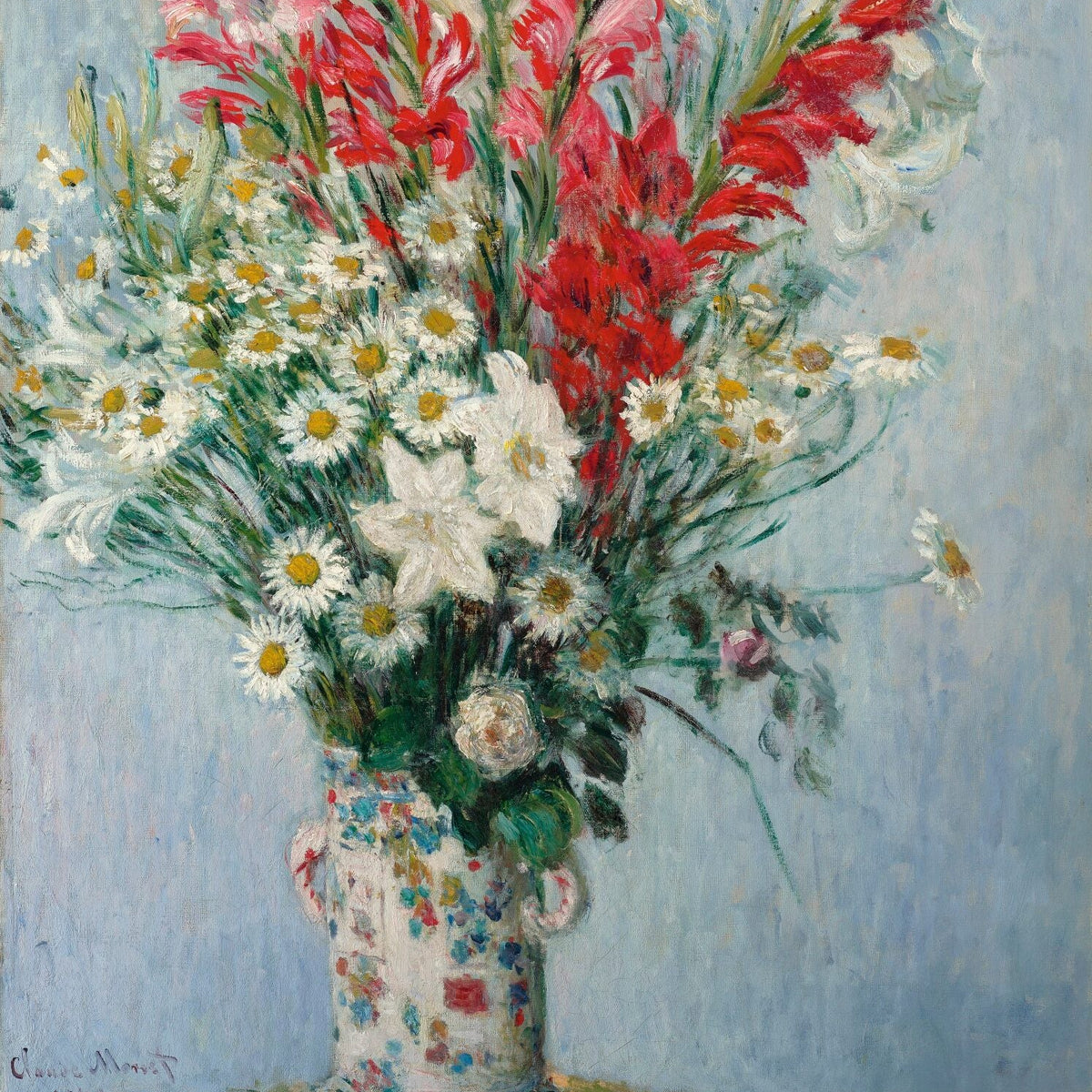 Blumenölgemälde - Rote Gladiolen und Weißer Gänseblümchenstrauß