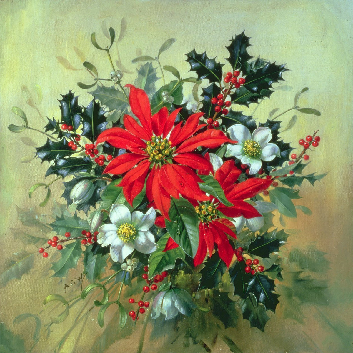 Floral Oil Painting - Red Poinsettias, Holly and Winter Berries