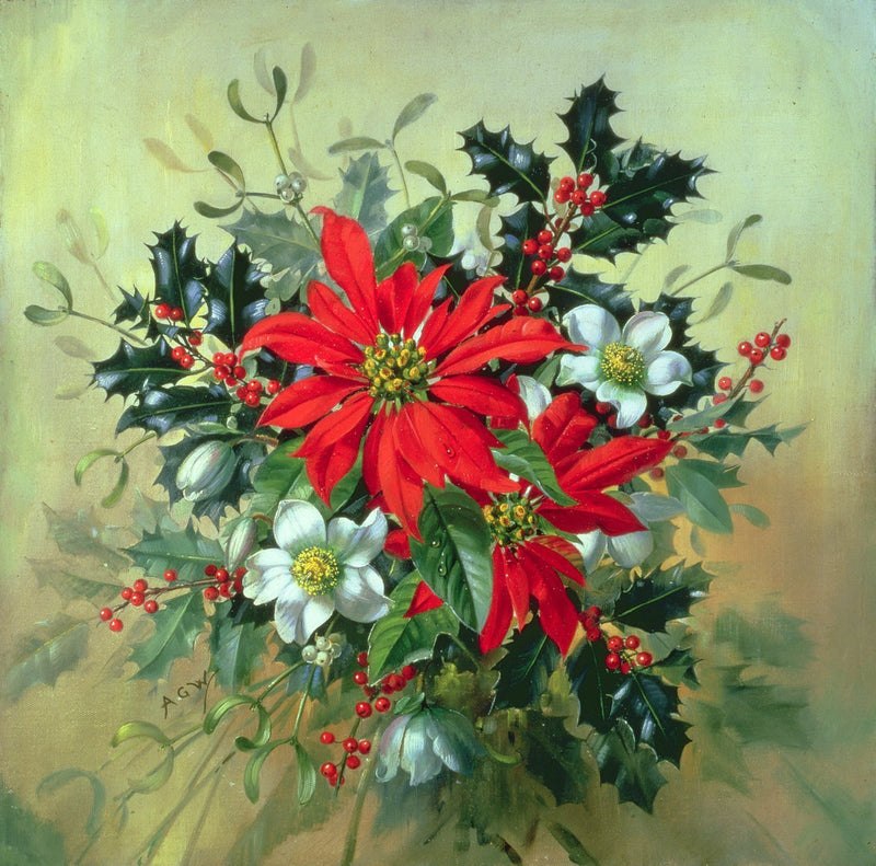 Floral Oil Painting - Red Poinsettias, Holly and Winter Berries