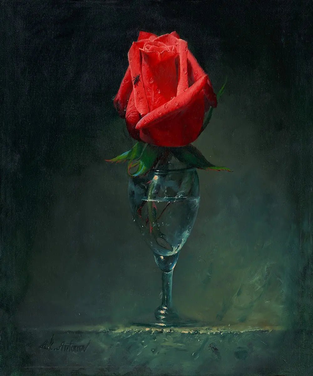 Floral Oil Painting - Red Rose in Glass with Insect - Oil Painting Haven