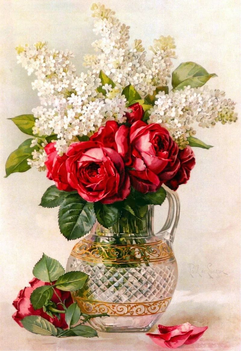 Floral Oil Painting - Red Roses and White Lilacs in Glass Vase