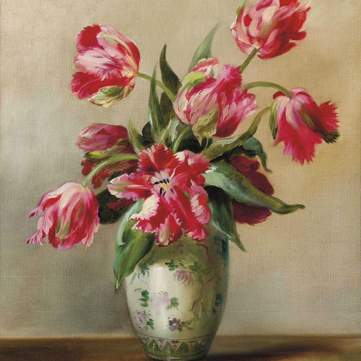 Floral Oil Painting - Red Tulips in Decorative Ceramic Vase - Oil Painting Haven