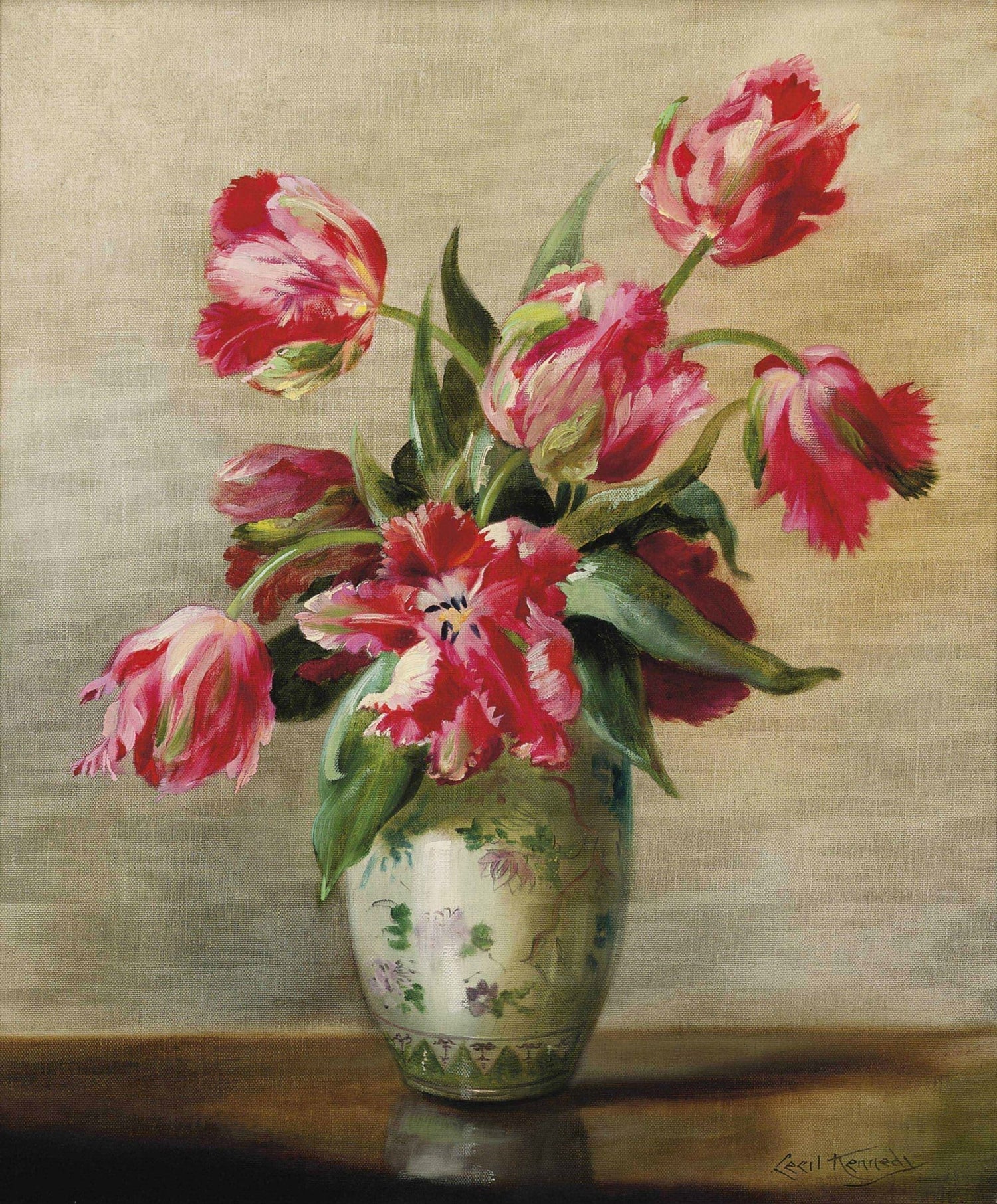 Floral Oil Painting - Red Tulips in Decorative Ceramic Vase - Oil Painting Haven