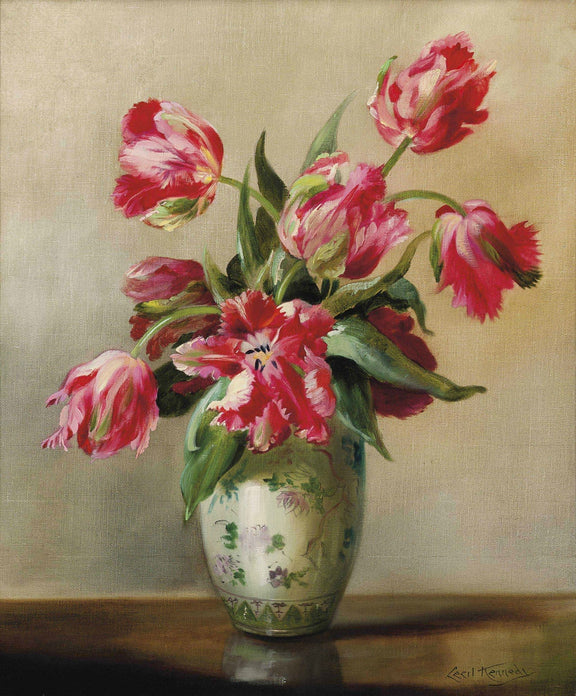Floral Oil Painting - Red Tulips in Decorative Ceramic Vase - Oil Painting Haven