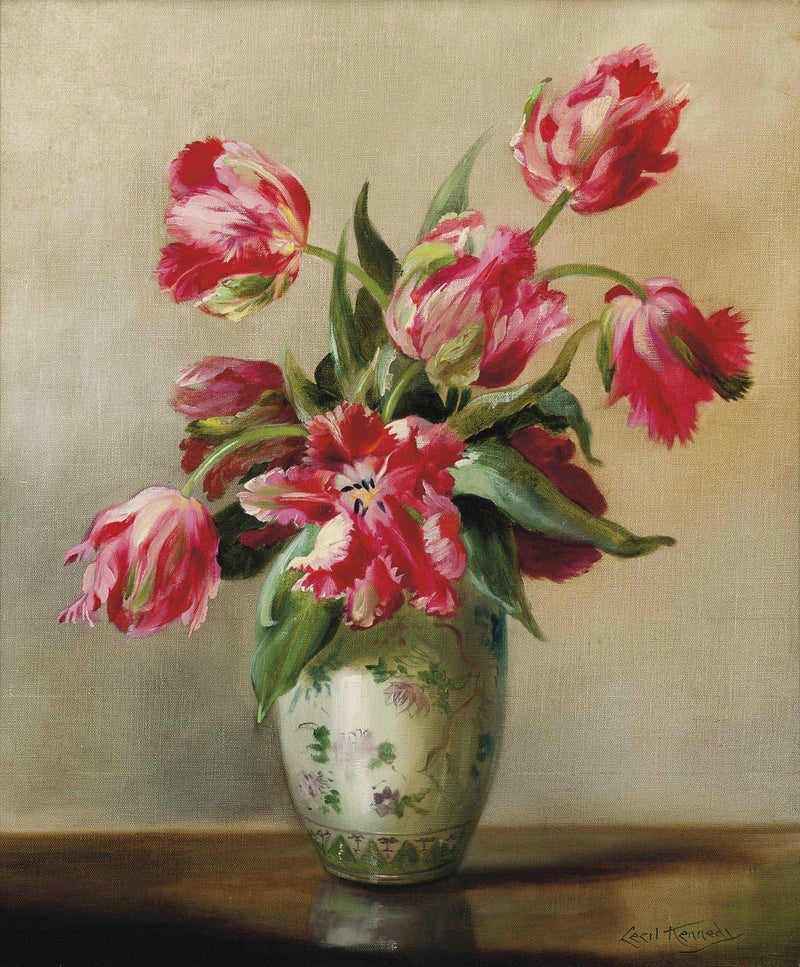 Floral Oil Painting - Red Tulips in Decorative Ceramic Vase - Oil Painting Haven