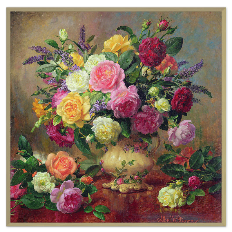 Floral Oil Painting - Romantic Rose Bouquet in an Ornate Vase